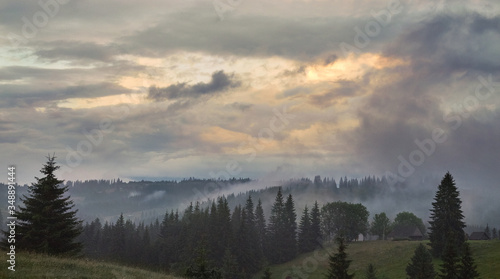 mystical dark foggy forest and and mountain landscape with gloomy sky and dramatic clouds. Ukrainian mountains, Carpathian, scenery of nature