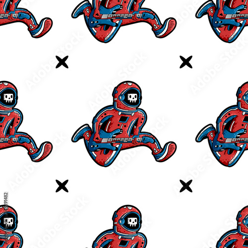 Cosmonaut, Astronaut, Spaceman, Rock star seamless pattern. Cartoon cosmonaut with a guitar seamless pattern on white background isolated. Stock Vector Illustration.