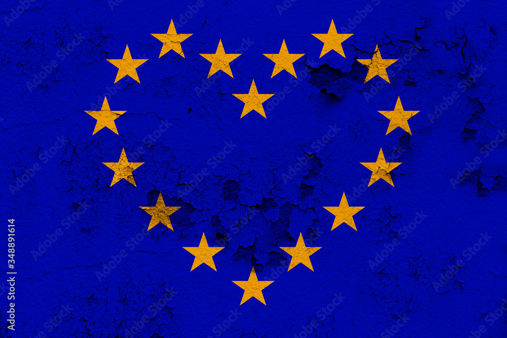 national flag of the modern state of the European Union on an old historical wall with cracks, concept of tourism, travel, emigration, global business national flag of the modern state of the European Union on an old historical wall with cracks, concept of tourism, travel, emigration, global business