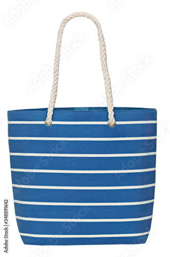 Blue striped cotton shopping bag with handles isolated on white