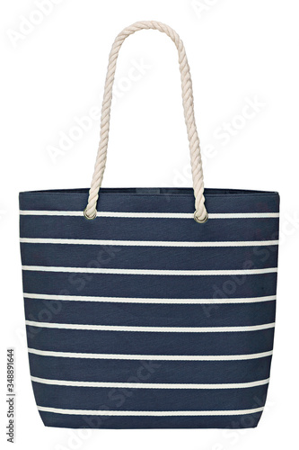 Navy striped cotton shopping bag with handles isolated on white