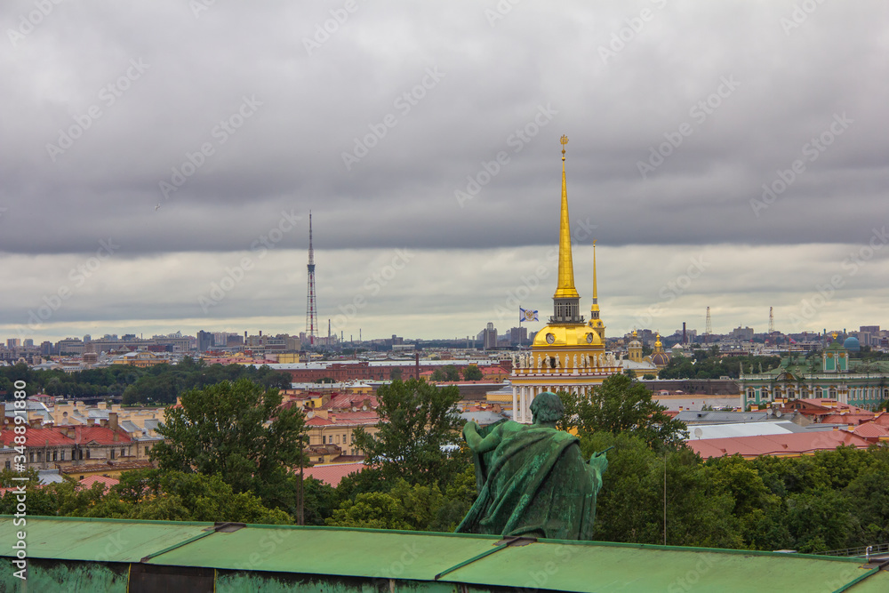 View from the Colonnade of the Saint Isaac's Cathedral in St. Petersburg, Russia, Admiralty spire and Peter and Paul Fortress spire