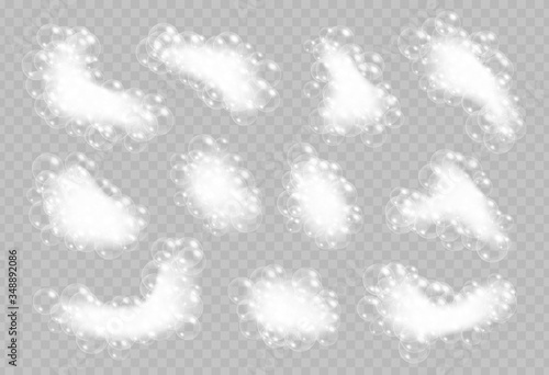 Soap foam with bubbles isolated on transparent background. Realistic sparkling shampoo, suds and bath lather vector illustration.
