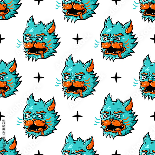 Cat faces seamless pattern. Cartoon blue cat faces on white background isolated. Stock Vector Illustration.