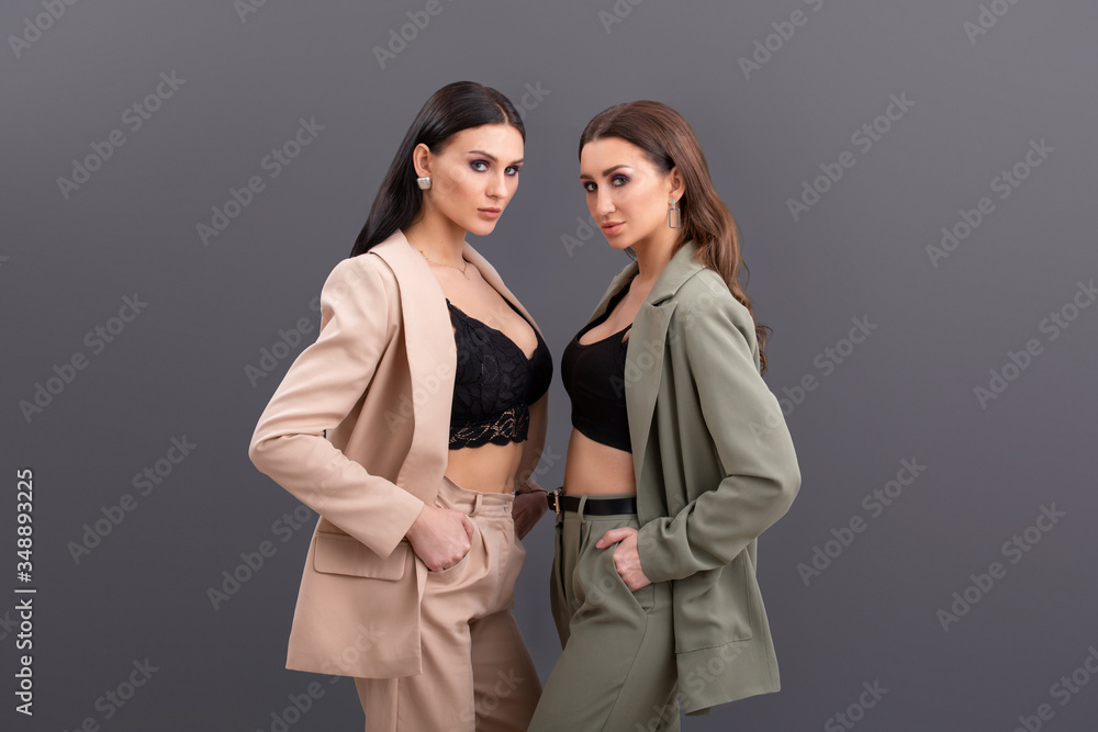portrait of Two attractive business women wearing in suits and tops posing on grey background portrait of Two attractive business women wearing in suits and tops posing on grey background