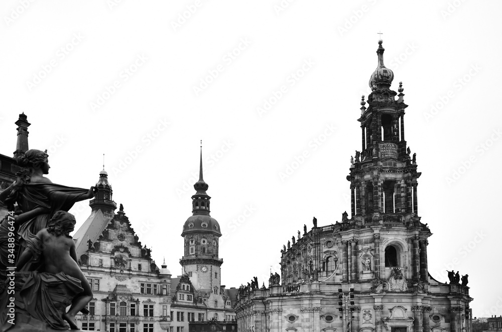 View from Terrassenufer to Roman Catholic Cathedral of Dresden and Hausmannsturm