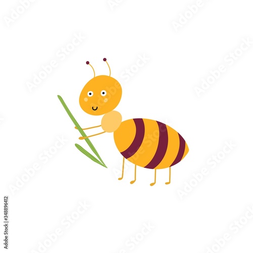 Cute ant carries a blade of grass isolated element