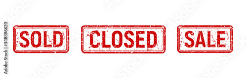 Rubber stamp set, red rectangle banners with text for shop. Vintage old texture frame set, sale, sold and closed element for your product. Vector print illustration.