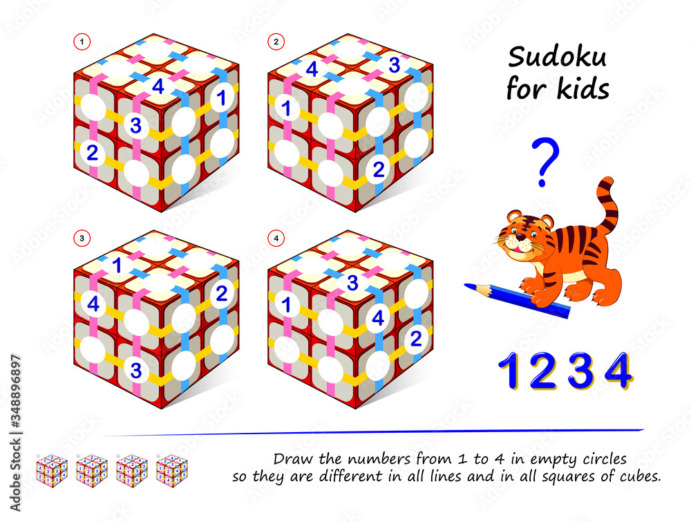 Set of logic 3D Sudoku puzzle games for children. Draw numbers from 1 to 4  in