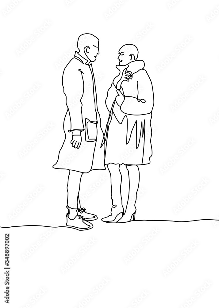 One continuous line drawing, men and women standing and talking One continuous line drawing, men and women standing and talking