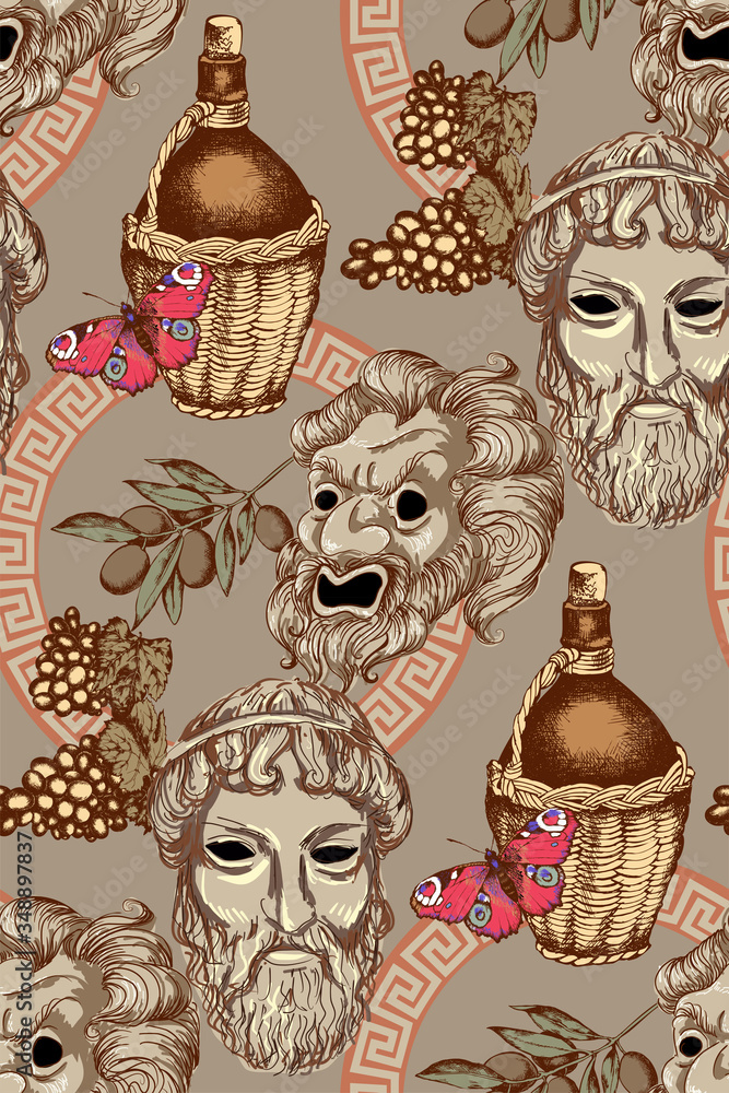 Antique mask   and wine, olives, grapes. Seamless pattern. Vector illustration. Suitable for fabric, mural, wallpapers, wrapping paper and the like