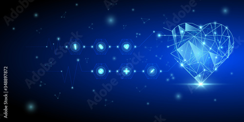 Abstract technology and healthcare background with shiny low polygon heart and hospital element icons.