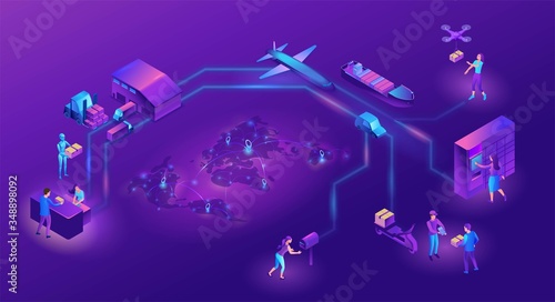 Delivery service illustration with a process of delivering parcel, warehouse with trucks and boxes, shipment by car, maritime transport, people receive goods by courier, by drone, in packstation