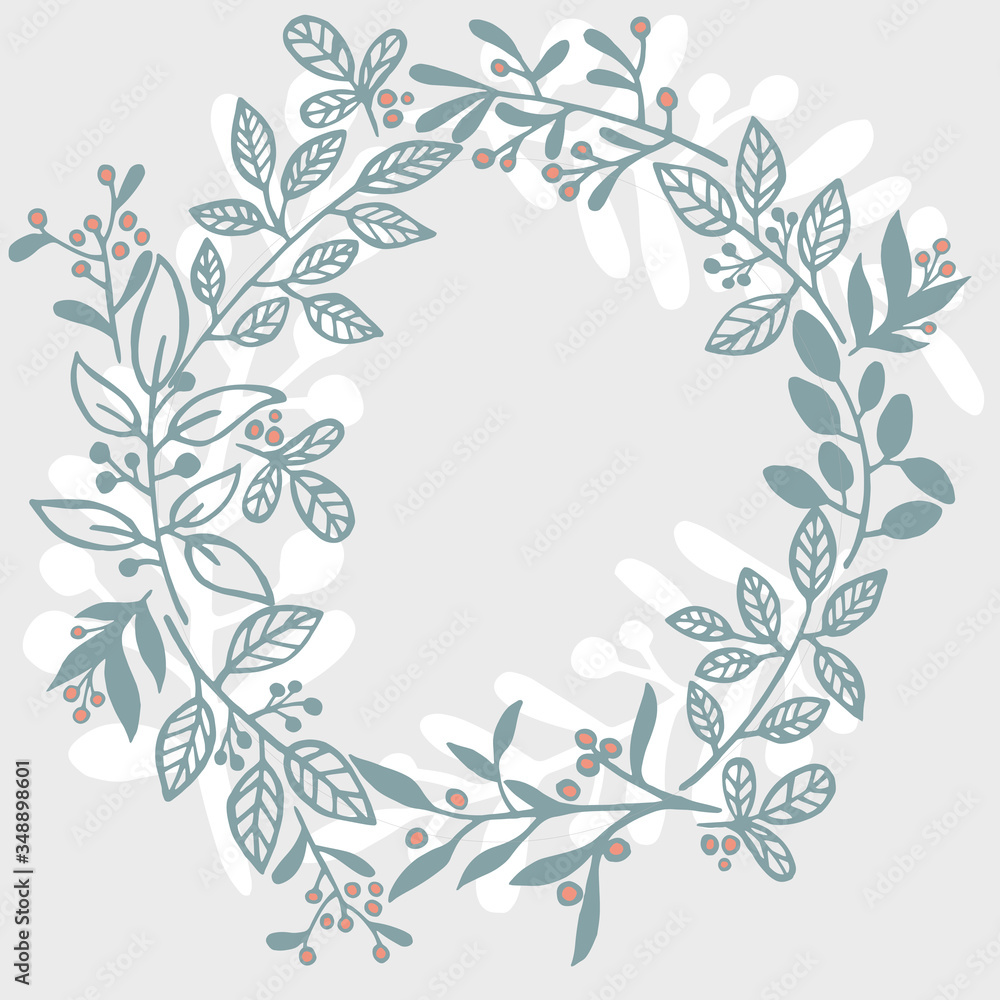 Leaves round frame. Wreath of branches, flowers, leaves. Greeting card. Vector illustration Leaves round frame. Wreath of branches, flowers, leaves. Greeting card. Vector illustration