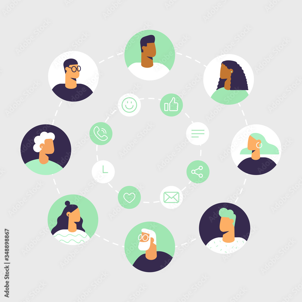Fototapeta premium People and internet networks. Online chat and video call between friends and family. Avatars in a circle. Social line icons: call, emoji, message, share, like. Vector illustration in flat design