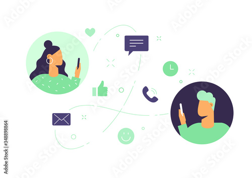 Two characters communicate using online videos and messages. Vector illustration, the concept of remote dating. Circle avatars in flat design, isolated on white. Social icons: call, message, like.