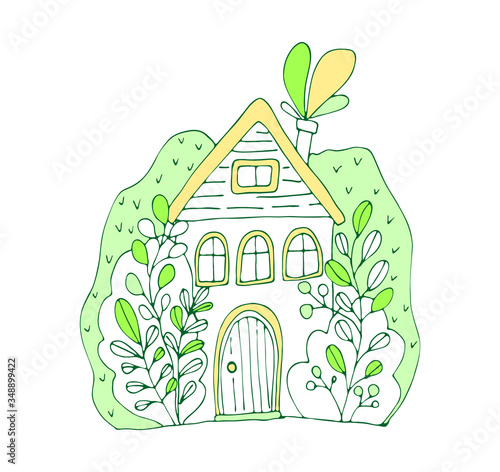 Hand drawn doodles fairy house in the village. Green and orange cute bulding line art vector illustration.