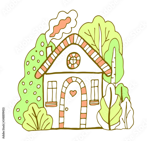 Hand drawn doodles fairy house in the village. Green and orange cute bulding line art vector illustration.