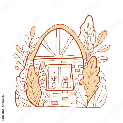 Hand drawn doodles fairy house in the village. Orange and pink cute bulding line art vector illustration.