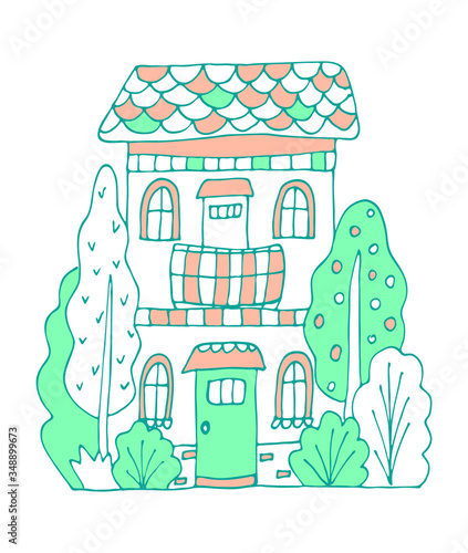 Hand drawn doodles fairy house in the village. Green and pink cute bulding line art vector illustration.