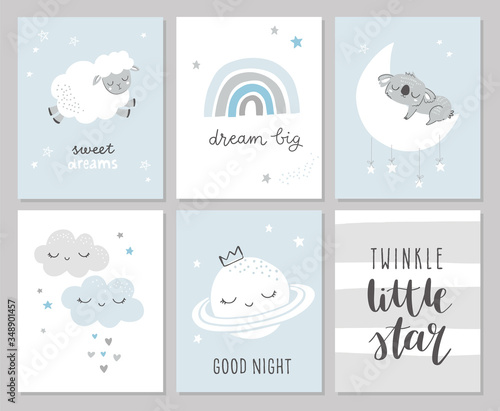 Set of cute baby shower cards including moon, clouds, star, koala bear, she and modern calligraphy phrases: dream big, twinkle little star. Vector illustrations for invitations, greeting cards, poster