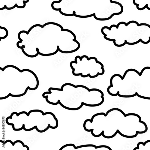 Seamless minimalistic cloud pattern. Cute illustration for wallpaper, wrapping paper, textile, design for children. Doodle vector set. Hand-drawn black outline clouds isolated on white background
