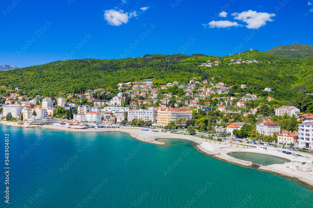 Croatian coastline, beautiful Opatija riviera on Kvarner, aerial view of popular scenic tourist resort and Slatina beach
