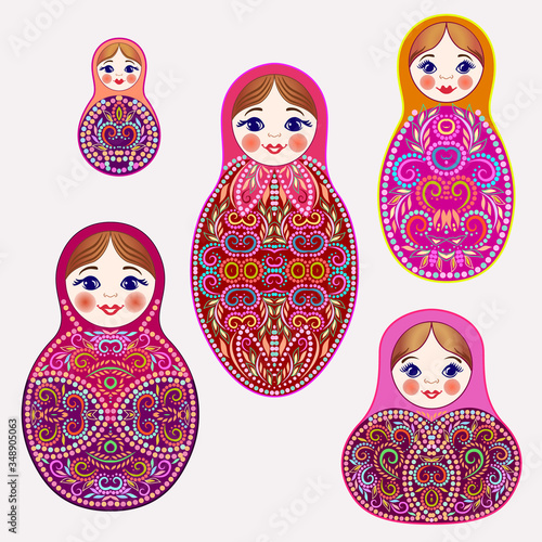 Set of colorful nesting dolls. Traditional russian pattern - art symbol. Classical design and decorating, vector print.
