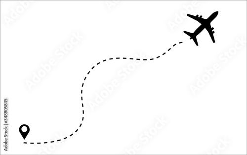 Plane dash line flight route with start point. Aircraft clip art icon with flight path. Vector illustration of passenger jet silhouette flying from map pointer.