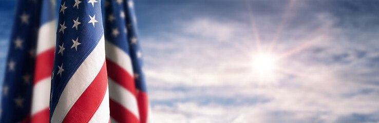 American National Holiday. US Flags with American stars, stripes and national colors. President's Day. 4th July. Veterans Day. Memorial Day.