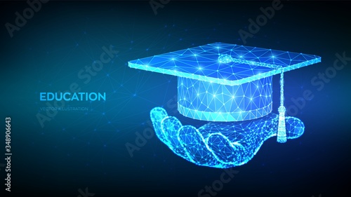 Abstract Low Polygonal Graduation cap. Student hat in hand. E-learning concept. Innovative online education. Distance graduate certificate program. Academic study, online learning. Vector illustration