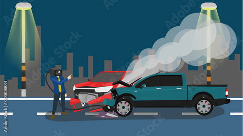 Cartoon concept CCTV camera man came down to explain the accident. Accident of two pickup car in front of a collision, a bumper crashing, severe damage and smoke ejecting. background of town at night.
