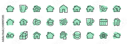 Simple set of line vector home icons. Contains house symbols at interest, infuse house and more. Editable stroke. 480x480 pixels perfect