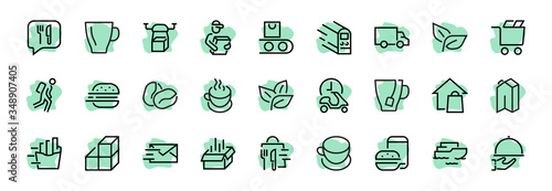 PIZZA DELIVERY, and Food Icon Set Vector thin line, contains courier, home delivery, food ordering, fast transport, drone, ship, car, editable stroke. ICONS circuits