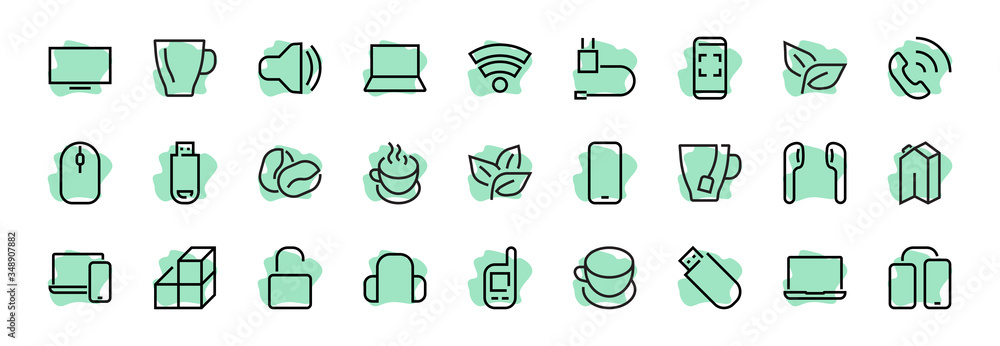 A set of smart devices and gadgets, computer hardware and electronics. Electronic devices icons for web and mobile vector lines. computer, telephone. Editable stroke. 48x48 pixels A set of smart devices and gadgets, computer hardware and electronics. Electronic devices icons for web and mobile vector lines. computer, telephone. Editable stroke. 48x48 pixels