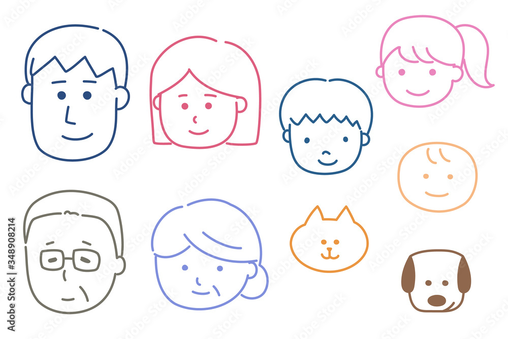 Diverse hand-drawn icons of Asian happy family. Vector illustration isolated on white background. Diverse hand-drawn icons of Asian happy family. Vector illustration isolated on white background.