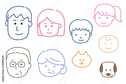 Diverse hand-drawn icons of Asian happy family. Vector illustration isolated on white background.