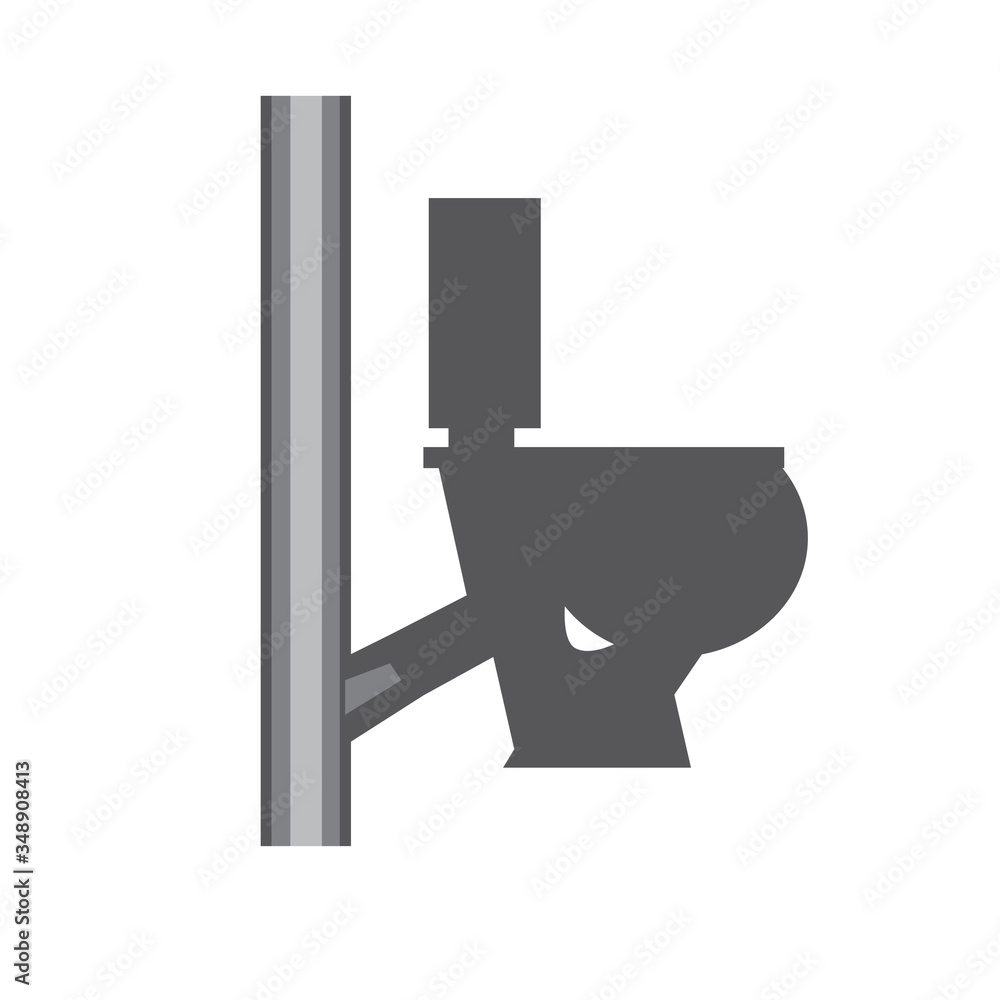 Silhouette of a toilet bowl and sewer pipe isolated on white background for design as a concept of water drainage in a house, vector stock illustration with WC room object and piping Silhouette of a toilet bowl and sewer pipe isolated on white background for design as a concept of water drainage in a house, vector stock illustration with WC room object and piping