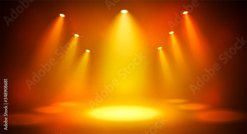 large scale Spotlights with smoke and scene. Warm yellow and orange background vector for your design.