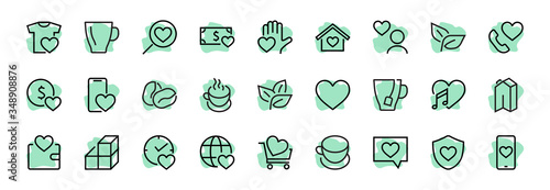  The set of icons about love contains such icons as love of music, declaration of love, heart, favorite home, Linear set. Vector on a white background. Editable stroke. 480x480