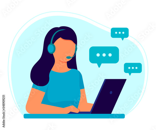 Customer service. Woman operator call center with headphones and microphone with laptop. Support, assistance, call center, hot line, help, response, consultation. Vector illustration flat