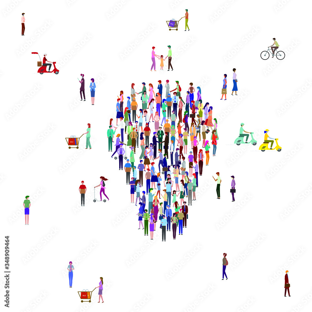 A large group of people in the form of lamps. Innovation and ideas concept. Isolated, white background. Vector illustration.