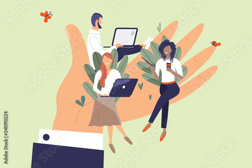 Tiny office workers sitting on huge hand. Concept of good comfortable environment at work, favorable psychological climate,high pay and freedom of creativity for employees. Vector flat illustration