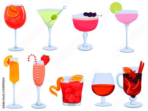 Set of alcoholic cocktails. Сollection of stylized alcoholic drinks in glass. Bar summer menu. Colorful illustration of refreshing cocktails. Aperitif.