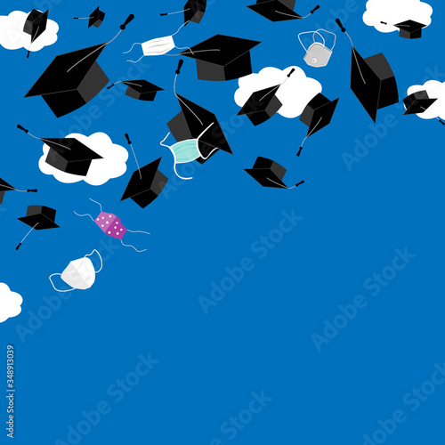 Funny graduation corner background with bonnets and medical masks in the air. Flying masks and grads hats, Quarantine 2020 Graduation ceremony concept, vector illustration