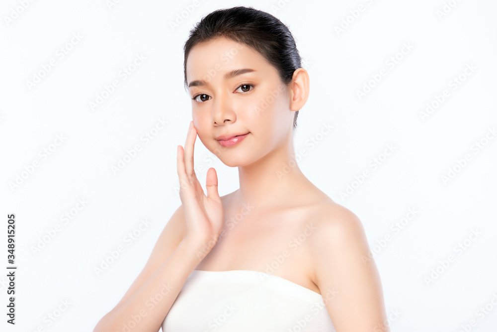Beautiful Young Asian Woman touching her clean face with fresh Healthy Skin, isolated on white background, Beauty Cosmetics and Facial treatment Concept Beautiful Young Asian Woman touching her clean face with fresh Healthy Skin, isolated on white background, Beauty Cosmetics and Facial treatment Concept