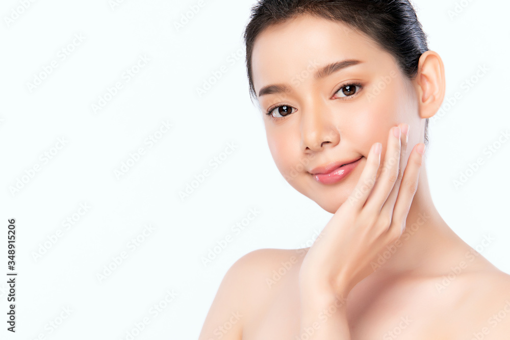 Beautiful Young Asian Woman touching her clean face with fresh Healthy Skin, isolated on white background, Beauty Cosmetics and Facial treatment Concept Beautiful Young Asian Woman touching her clean face with fresh Healthy Skin, isolated on white background, Beauty Cosmetics and Facial treatment Concept