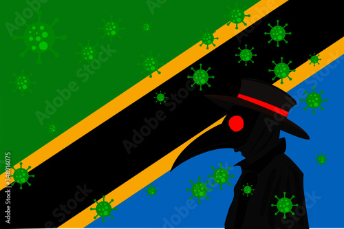Black plague doctor surrounded by viruses with copy space with TANZANIA flag.