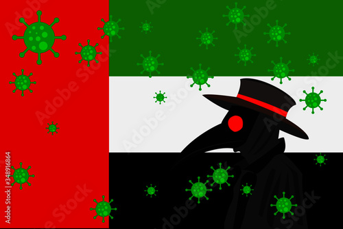 Black plague doctor surrounded by viruses with copy space with UNITED ARAB EMIRATES flag.