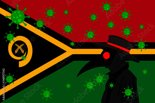 Black plague doctor surrounded by viruses with copy space with VANUATU flag.